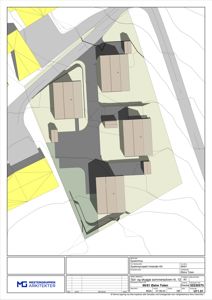 3D-visualisering (rendering) av et systemhus med skyggeanalyse for å vise sol- og skyggeforhold.