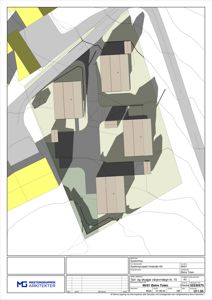 Situasjonsplan som viser tomt, bygninger, vegger og skyggefall.