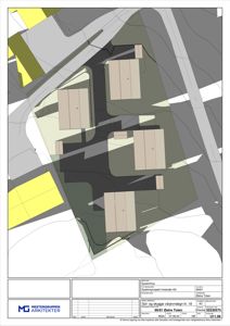 Situasjonsplan som viser plassering av flere bygninger på en tomt, med omgivende infrastruktur og terrengforhold.