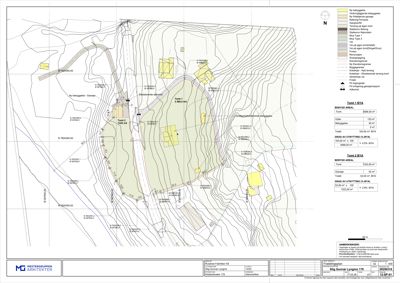Situasjonsplan som viser tomtens beliggenhet, topografi, naboeiendommer og arealoppdeling.