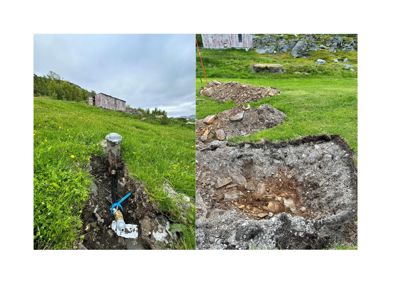 Fotografi som viser en utgravd grøft med en blå ventil (sannsynligvis for vann eller gass) og en bygning i bakgrunnen.