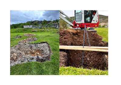 Fotografi som viser en byggeplass med utgravde grøfter, en graver og et bygg i bakgrunnen.