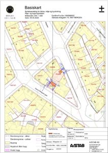 Situasjonsplan (Basiskart) som viser eiendomsgrenser, bygninger, veier og tomt for byggesaken på Allegaten 15.