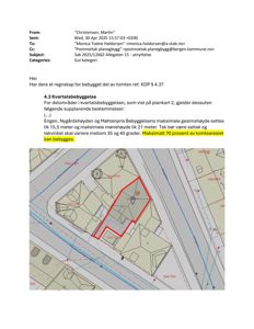Situasjonsplan som viser bebygd areal (rødt) på en tomt i forhold til nabolaget og gateløp.