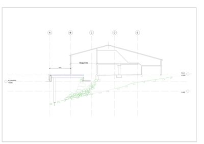 Snittegning som viser bygningens tverrsnitt, grunnplan og terrengforhold.