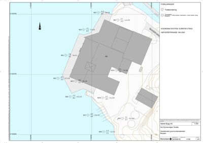 Situasjonsplan som viser bygningens plassering i forhold til Nordstranda, høydemålinger (N01-N05), og koordinatsystem.