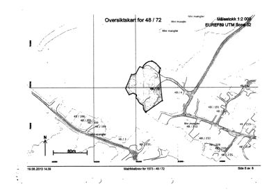 Oversiktskart (situasjonsplan) som viser eiendommen 48/72 i forhold til nabolaget og veisystemet.
