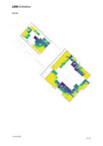 Etasjeplan (Plan 06) med romfordeling og fargekodet overflatebehandling (muligens lyd- eller lysfordeling).