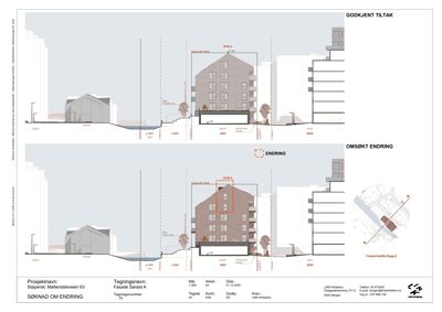 Fasadetegning som viser bygningens utseende fra siden, med oppriss av vinduer, taklinje og terrengforhold. Tegningen inkluderer også en situasjonsplan i nederste høyre hjørne.