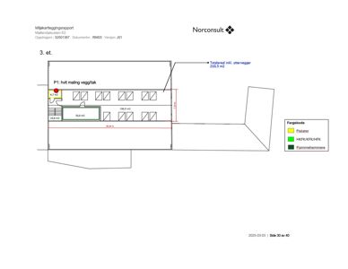 Etasjeplan for 3. etasje som viser romfordeling, arealer og fargekoding for materialer (flater, HIKF, flammehemmere).