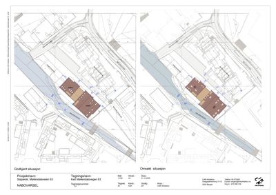 Situasjonsplaner som viser to alternativer for bygningens plassering på tomten: 'Godkjent situasjon' (venstre) og 'Omsøkt situasjon' (høyre).