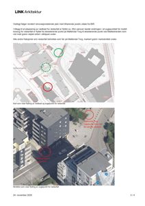 Et dokument som viser en situasjonsplan (kart) og et satellittbilde (foto) av et område ved Møllendal Torg og Møllestranden, med markeringer for nedkast og sugepunkt for restavfall.