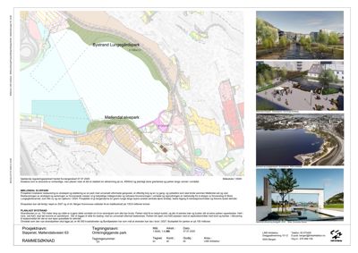 Bildet viser en samling av tre fargelagte fotografier av et parkprosjekt (Møllendal elvepark) i ulike faser, med tekstbeskrivelser under hver bilde.