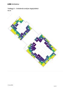 En fargekodet plan (Plan 02) som viser en innledende analyse av dagslysfaktor i ulike rom.