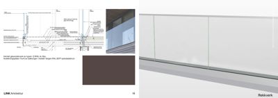 Tegning som viser detaljert oppbygning av et glassrekkverk med RAIL-system, inkludert konstruksjon, materialer og festemåte.