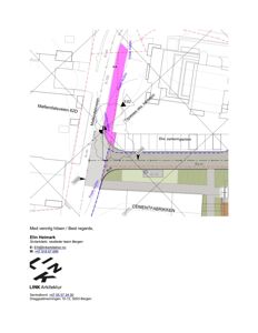 Situasjonsplan som viser tomt, vei (Møllendalsveien), eksisterende parkeringsplass og nabolag (Cementfabrikken).