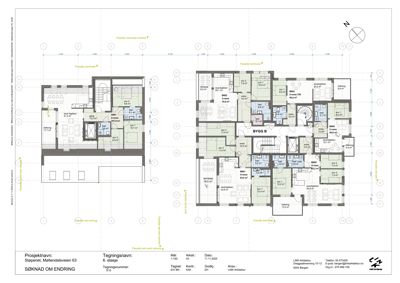 Etasjeplan for 6. etasje i Støpenet, Mallandsveien 63, som viser romfordeling, arealer og fasader.