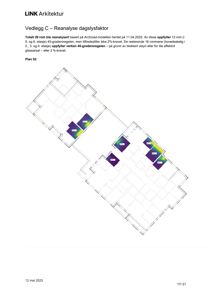Etasjeplan (Plan 02) med overlagte daglysanalyse (dagslysfaktor) for rom i bygningen.