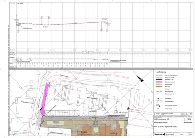 Situasjonsplan med profil som viser bygningers plassering, eiendomsgrenser, veier og terrengprofil.