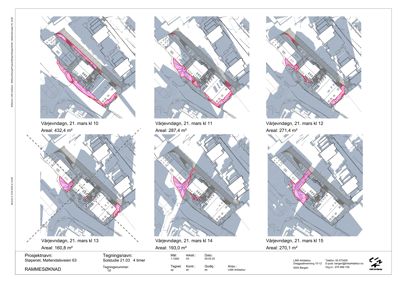 Situasjonsplaner som viser bygningens plassering i forhold til naboeiendommer og gateløp på ulike tidspunkt (mars 2010-2015).