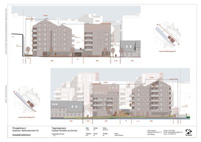 Bildet viser fasadetegninger for et prosjekt kalt 'Fasader NordØst og SørVest' på Møllendalsveien 63. Det er to hovedvisninger: en tegning med 3D-fargelegging (rendering) og en mer teknisk linjetegning, begge med detaljerte mål og notasjoner.