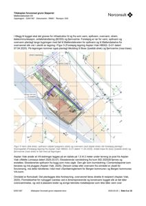Tegning som viser planlagt infrastruktur (vann, spillvann, overvann) i forhold til et bygg og eksisterende ledninger.