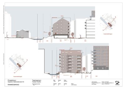 Fasadetegning som viser oppriss av bygningene sett fra utsiden, inkludert detaljer om vinduer, materialer og terrengforhold.