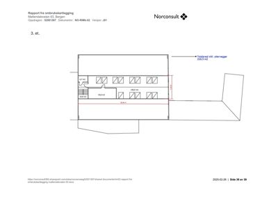 Etasjeplan for 3. etasje av en bygning, med romareal og dimensjoner.
