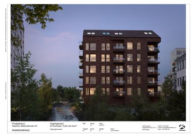 3D-visualisering (rendering) av fasaden på et planlagt bygg ved kveldstid.