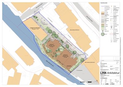 Situasjonsplan som viser tomtens beliggenhet, grenser, eksisterende og planlagt bebyggelse, samt vegetasjon og veioppgraderinger.
