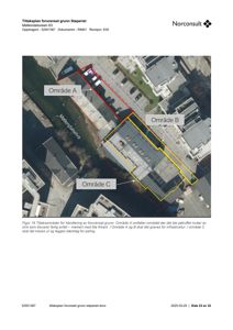 Satellittbilde eller flyfoto av et byggeområde med overlagte tegninger som markerer ulike tiltaksområder (Område A, B og C) for håndtering av forurenset grunn.