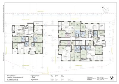 Etasjeplan for 2. etasje i et prosjekt med to bygninger (BYGG A og BYGG B), som viser romfordeling, arealer og fasader.