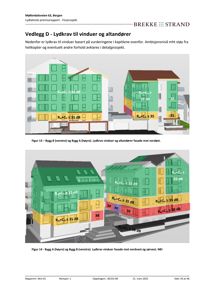 3D-visualiseringer (renderinger) av fasader med overlagte tekniske data om lydkrav (Rw+Ctr) for vinduer og altandører.