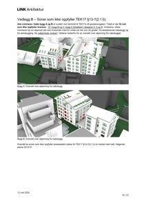 3D-visualiseringer som viser oversikt over solskjerming fra nabobygg for to ulike bygg (Bygg A og Bygg B).