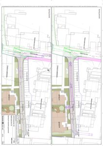 Situasjonsplan som viser sporingslinjer for brannbil og personbil i forhold til eksisterende bygninger (BYGG A, BYGG B) og infrastruktur (Mellandalsveien).