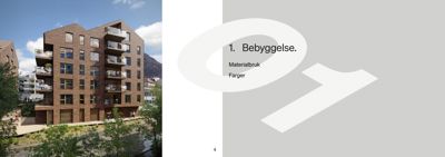 Fotografi av en ferdig eller planlagt bebyggelse med trepanelfasade og balkonger.