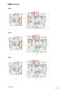 Etasjeplaner (Plan 02, 03 og 04) som viser romfordeling og konstruksjon for ulike etasjer i et bygg.