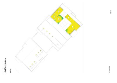 Etasjeplan (Plan 07) som viser romfordeling og gulvbelagtsområder (gult) i en bygning.