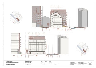 Snittegning som viser bygningens tverrsnitt, høyder, fasade og grunnplan.