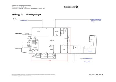Etasjeplan (1. etasje) med romareal, takhøyder og tekniske notater.