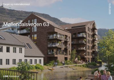 3D-visualisering (rendering) av et arkitektonisk prosjekt med tittelen 'Farger og materialkonsept' for adressen Møllendalsvegen 63.