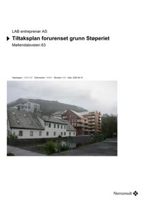 Fotografi av eksisterende bygninger i Møllendalsveien 63, inkludert etasjeplaner og en bakke med en fjellformasjon i bakgrunnen.