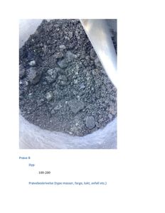 Fotografi av en jordprøve i en beholder, tatt fra en byggesak.