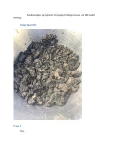 Fotografi av en jordprøve i en beholder, med tekstbeskrivelse av prøven.