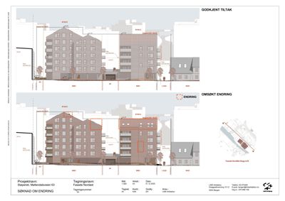 Fasadetegning som viser bygningens utseende fra nordøst, med to versjoner: 'GODKJENT TILTAK' og 'OMSØKT ENDRING'.