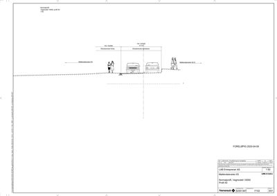 En teknisk tegning som viser et normalprofil (snitt) av en vei med bil og fotgjenger, inkludert høydeangivelser.