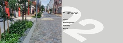 Fotografi av en gateløp med fortau, beplantning og bygninger i bakgrunnen.