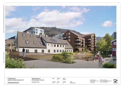 3D-visualisering (rendering) av et arkitektonisk prosjekt som viser bygninger, landskap og mennesker i en realistisk, illustrativ stil.