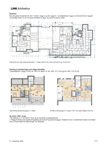 Bildet viser en arkitektonisk rapport med flere etasjeplaner (plantegninger) for en byggesak. Det inkluderer planutsnitt for sportsboder, opprinnelige planløsninger for leiligheter, og endrede planløsninger med nye enheter.