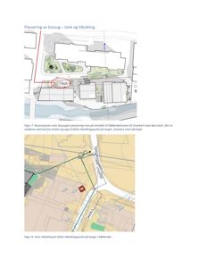 Bildet viser to kartutsnitt som illustrerer plassering av en tank (bossug) og tilkoblingsrør til et felles tilkoblingspunkt på et torget. Kartene viser veier, vannløp og arealbruk.